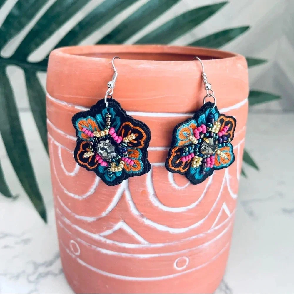 2/$30🌵 Boho Moody Embroidered Beaded Floral Earrings Style Dangle Jewelry NEW